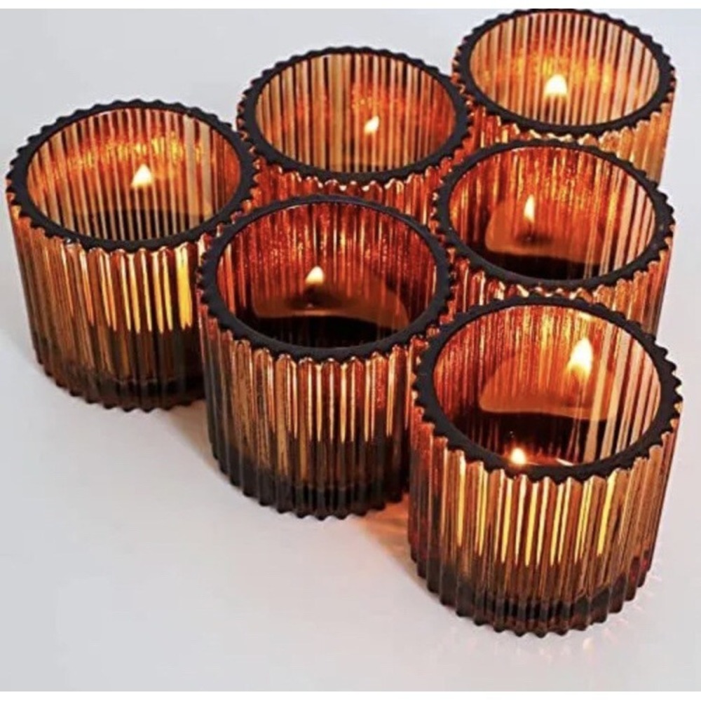 Set of 6 Candle Holders for Wedding Candles, Amber Glass Candle Holder Ribbed
